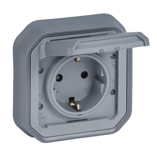Plexo IP 55 monobloco encastrar - Tomada 2PT Schuko, Cinzento