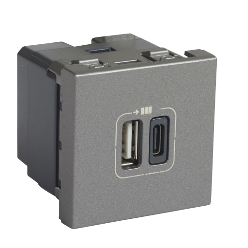 Mosaic - Tomada carregadora 1 USB Tipo-A  1 USB Tipo-C- 230V- 2 mód.- alumínio