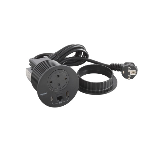 Incara Disq 80 - 2PT Schuko  USB AC  RJ45 Cat.6 UTP - Preto - cabo 2m ficha