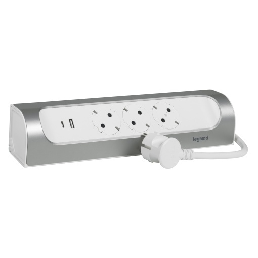 Bloco multitomadas angular - 3 x 2PT - cabo 1m - BrancoAlumínio