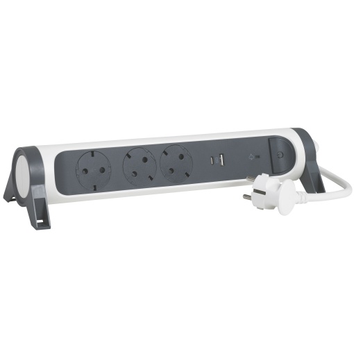 Bloco multitomadas 3 x 2PT c DST  USB - cabo 1,5m - BrancoCinzento escuro