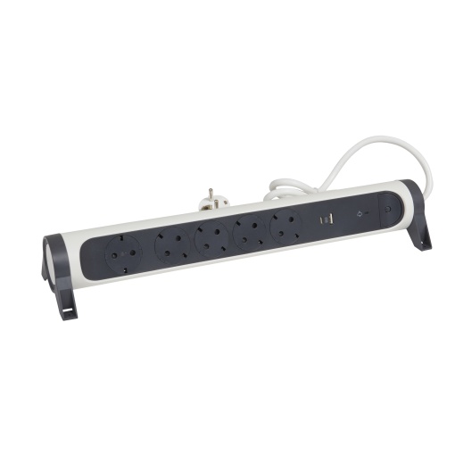 Bloco multitomadas 5 x 2PT c DST  USB - cabo 1,5m - BrancoCinzento escuro
