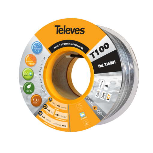 Cabo coaxial T100plus, 16PRtC Euroclasse Fca e blindagem de classe A
