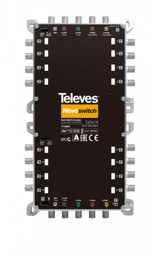 NevoSwitch equipped with 5 QUAD inputs and 16 outputs