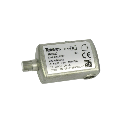 UHF line amplifier, 13 dB 470...694 MHz Ch.48, F'' connector