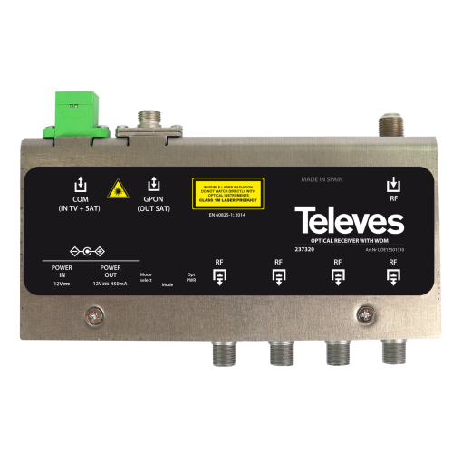 FTTH optical receiver with 4 RF-output 13101550nm, DIN rail or wall installation