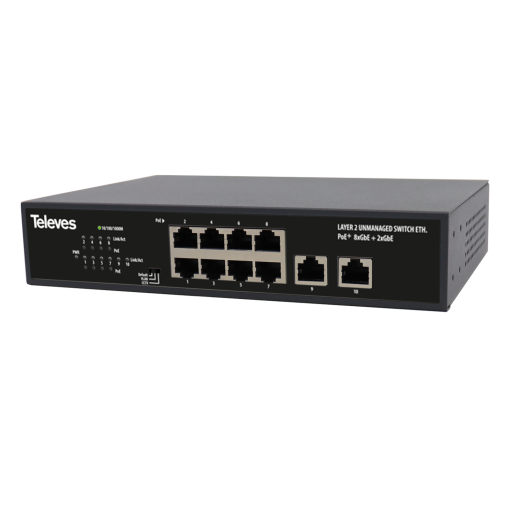 Switch Ethernet L2, sem Gestão 8xGbE PoE de longo alcance, 120W  2xGbE