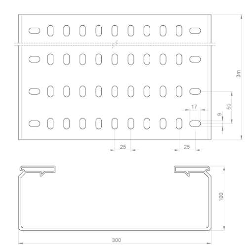Caminho de cabos isolante perfurado Unex 100x300 em U48X sem halogéneos