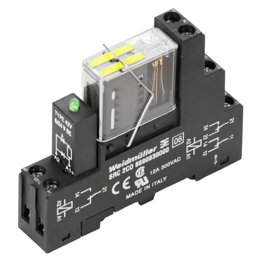 Relay module, 24 V DC 10 %, Green LED, 2 CO contacts forcibily guided EN 61810-3 type B AgCuNi , 250 V AC, 6 A, Screw connection