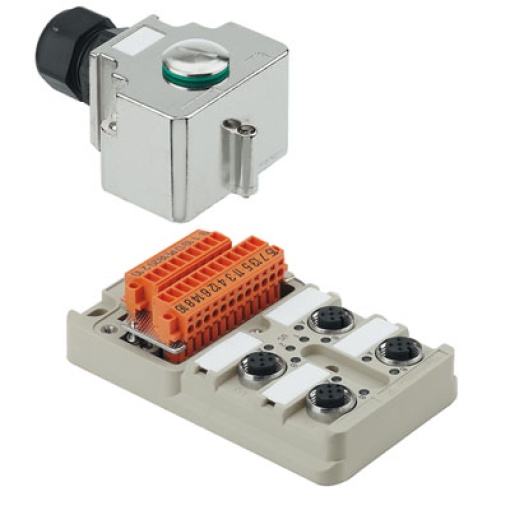 Sensor-actuator passive distributor without cable, Hood version with M20 outlet, M12, 30 V, A-coded, LED Yes, LED initiator Yes, Wiring type PNP