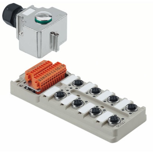 Sensor-actuator passive distributor without cable, Hood version with M20 outlet, M12, 30 V, A-coded, LED Yes, LED initiator Yes, Wiring type PNP