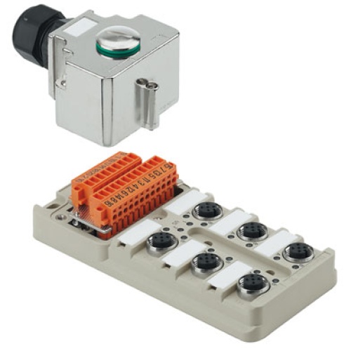 Sensor-actuator passive distributor without cable, Hood version with M20 outlet, M12, 30 V, A-coded, LED Yes, LED initiator Yes, Wiring type PNP