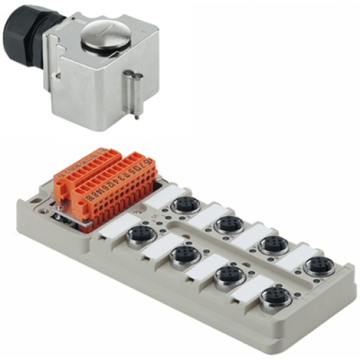 Sensor-actuator passive distributor without cable, Hood version with M25 outlet, M12, 30 V, A-coded, LED Yes, LED initiator No, Wiring type PNP
