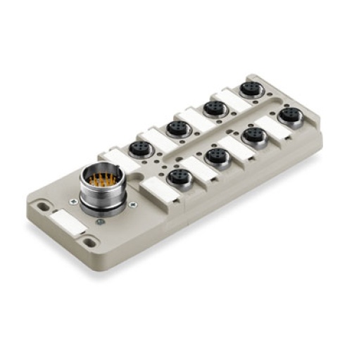 Sensor-actuator passive distributor without cable, with M23 outlet, 12-pole, M12, 30 V, A-coded, LED Yes, LED initiator Yes, Wiring type PNP