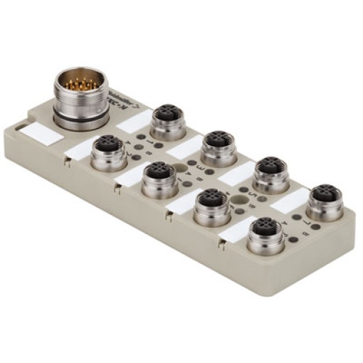Sensor-actuator passive distributor without cable, with M23 outlet, 12-pole, M12, 30 V, A-coded, LED Yes, LED initiator Yes, Wiring type PNP