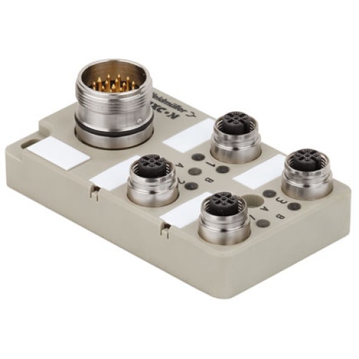 Sensor-actuator passive distributor without cable, with M23 outlet, 12-pole, M12, 30 V, A-coded, LED Yes, LED initiator Yes, Wiring type PNP