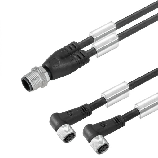Sensor-actuator adaptor cable assembled, Connecting line, M12  M8, 3, 2.5 m, Twin cabling, pin, straight, 2x socket, angled, black