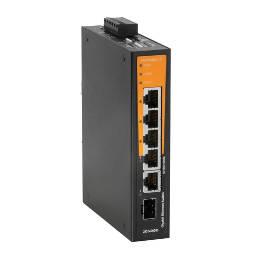 Network switch, unmanaged, Gigabit Ethernet, 4  RJ45 101001000BaseTX, 1  combo-port 101001000BaseTX or 1001000BaseSFP, -10 C...60 C, IP
