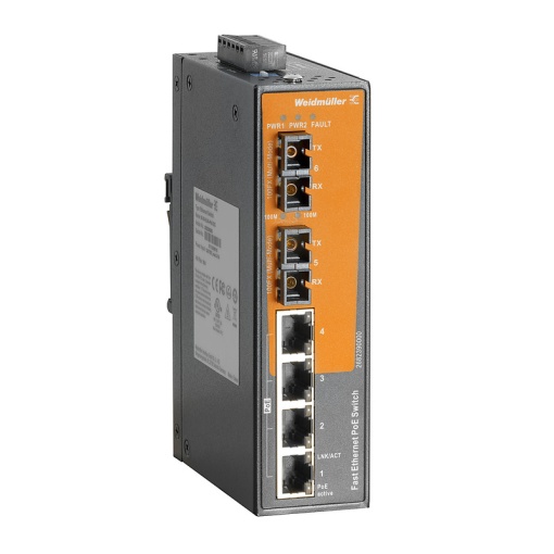 PoE switch, unmanaged PoE, Fast Ethernet, 4x RJ45 10100 BaseTX PoE, 2x SC Multi-mode, IP30, -40 C...75 C