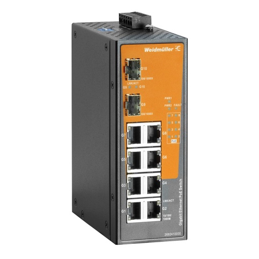 PoE switch, unmanaged PoE, Gigabit Ethernet, 8x RJ45 101001000 BaseTX PoE, 2x 1001000BaseSFP Slot, IP30, -40 C...75 C