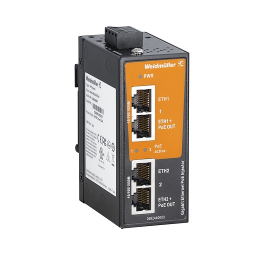 PoE injector, Gigabit Ethernet, 2x  RJ45 101001000BaseTX, 2x  RJ45 101001000 BaseTX PoE, IP30, -40 C...75 C