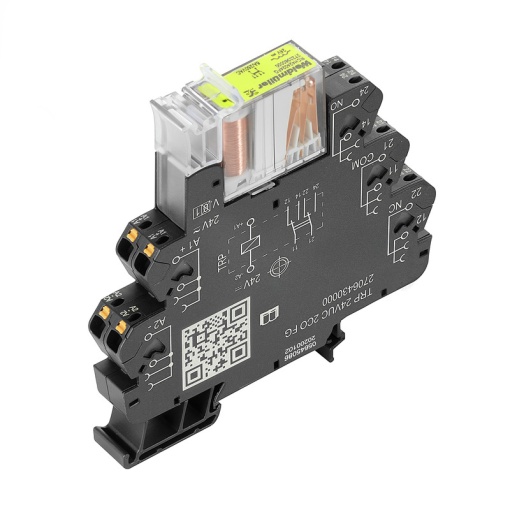 Relay module, 24 V UC 10 %, Green LED, 2 CO contacts forcibily guided EN 61810-3 type B AgNi , 250 V AC, 6 A, PUSH IN