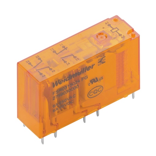 Miniature industrial relay, 24 V DC 10 %, No, 1 NC and 3 NO contacts forcibily guided EN 61810-3 type A AgSnO gold-plated , 250 V AC, 6 A, Test b