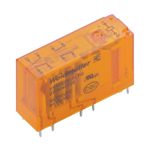 Miniature industrial relay, 24 V DC 10 %, No, 2 NC and 2 NO contacts forcibily guided EN 61810-3 type A AgSnO gold-plated , 250 V AC, 6 A, Test b