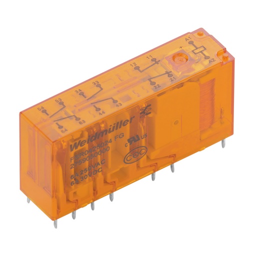 Miniature industrial relay, 24 V DC 10 %, No, 1 NC and 5 NO contacts forcibily guided EN 61810-3 type A AgSnO gold-plated , 250 V AC, 6 A, Test b