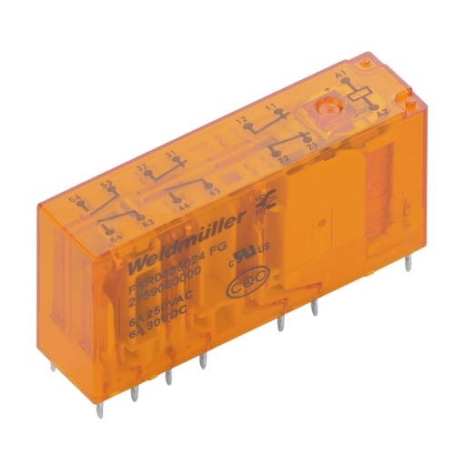 Miniature industrial relay, 24 V DC 10 %, No, 3 NC and 3 NO contacts forcibily guided EN 61810-3 type A AgSnO gold-plated , 250 V AC, 6 A, Test b