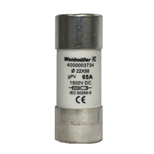 Cylindrical fuse cartridge, Photovoltaics, 1500 , 22 x 58 mm, gPV, 65 A