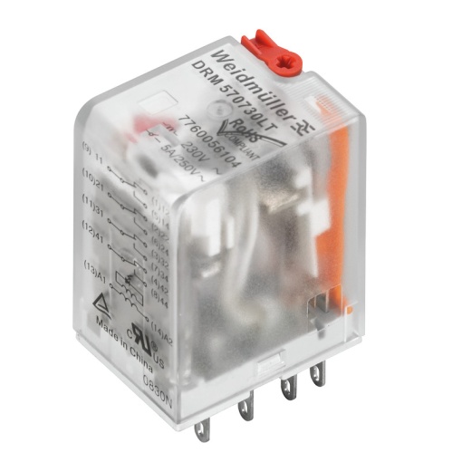 Miniature industrial relay, 230 V AC, red LED, 4 CO contact AgNi flash gold-plated , 250 V AC, 5 A, Test button available Yes