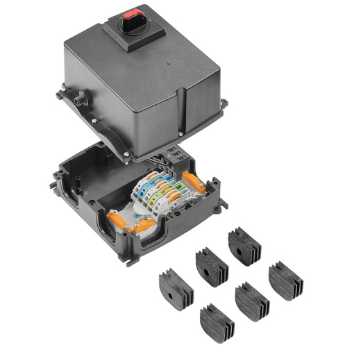 Energy distribution terminal strip with housing, 3-phase AC, IP65, Maintenance switch