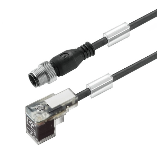 Valve cable assembled, Straight plug - valve plug, Industrial design C 9.4 mm, M12  A-coded, Cable length 5 m, PUR, black