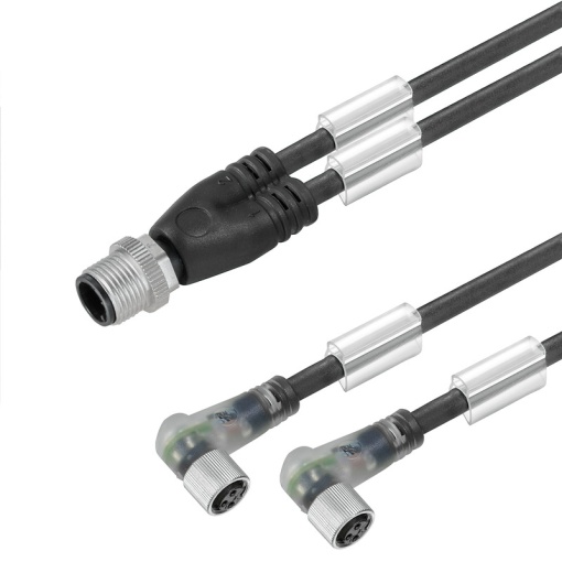 Sensor-actuator adaptor cable assembled, Connecting line, M12  M8, 3, 2 m, Twin cabling, pin, straight, 2x socket, angled, black