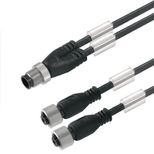 Sensor-actuator adaptor cable assembled, Connecting line, M12  M8, 3, 1.5 m, Twin cabling, pin, straight, 2x socket, straight, black