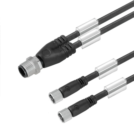 Sensor-actuator adaptor cable assembled, Connecting line, M12  M8, 3, 3 m, Twin cabling, pin, straight, 2x socket, straight, black