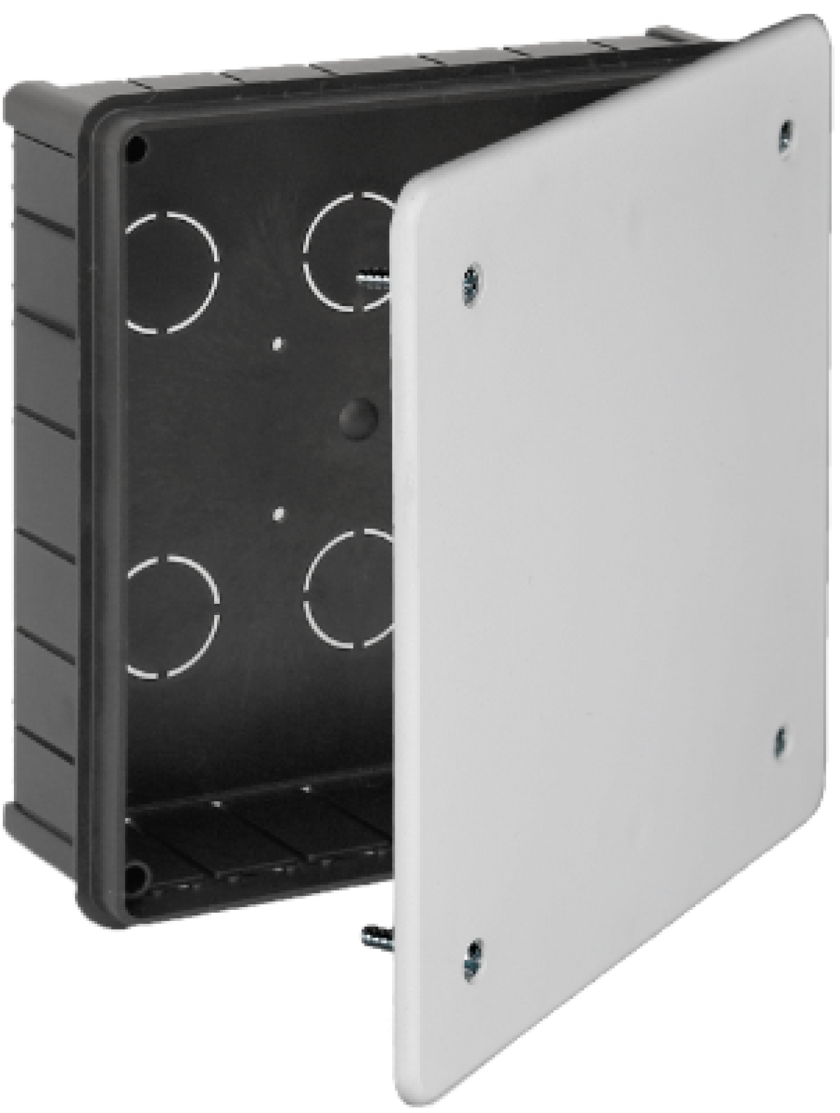 Flush connection box. 200 x 200 mm. Cover with screws.