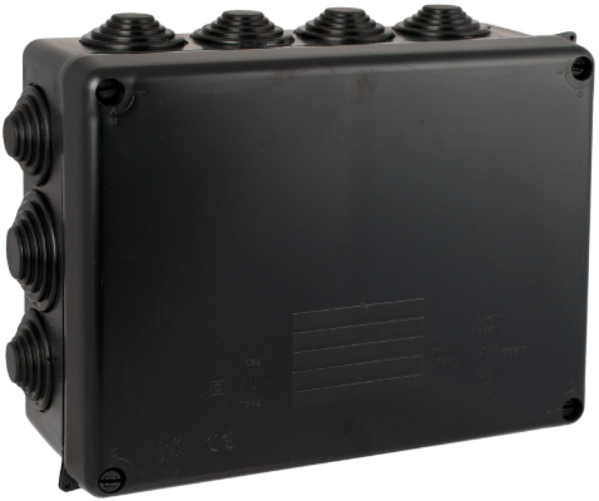 Sealed connection box 220 x 170 x 80 mm with cones. Black colour.