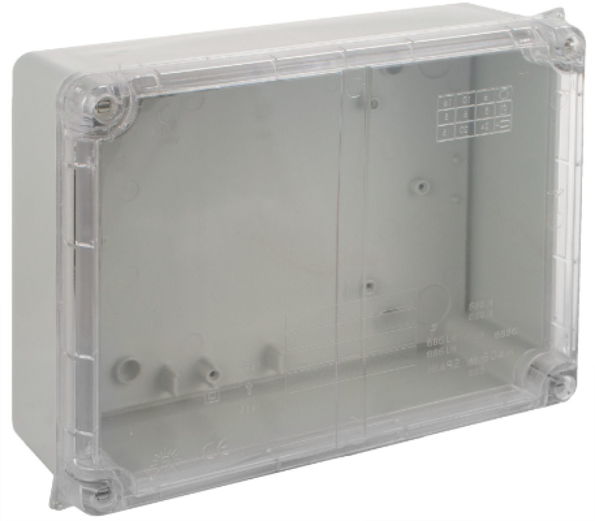 Caixa de ligação estanque 220 x 170 x 80 mm sem cones. Cor cinzenta com tampa transparente.