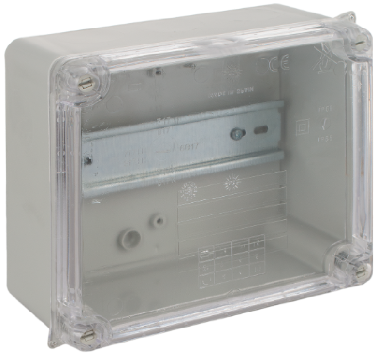Watertight connection box 160 x 135 x 70 mm without cones. Grey colour with clear lid and DIN rail.