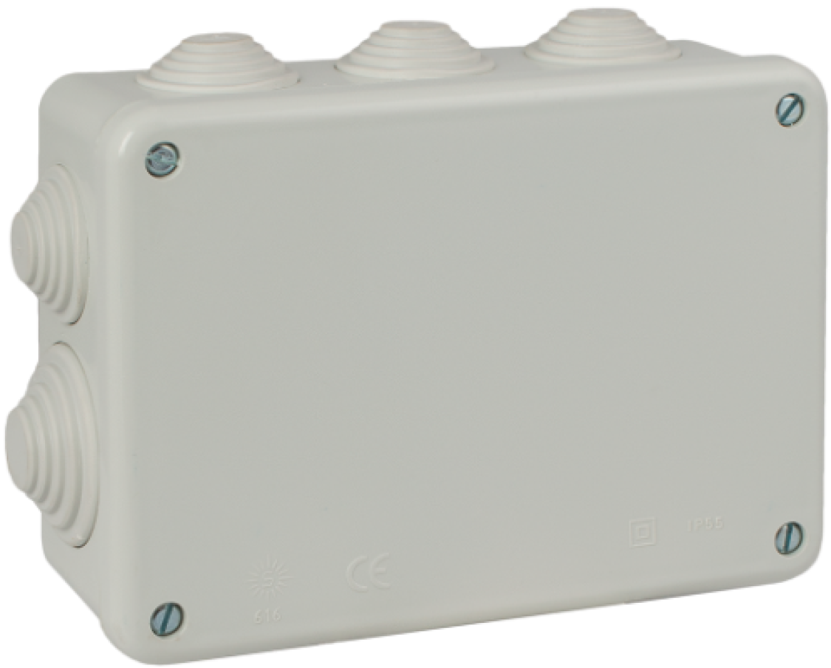 Caixa de ligação estanque 153 x 110 x 55 mm com cones. Cor cinzenta.