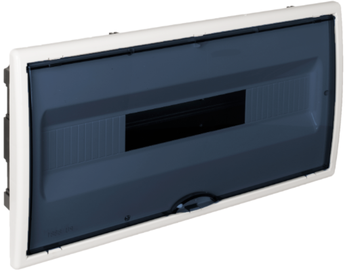 Caixa de distribuição embutida para 22 elementos. Porta fumê.