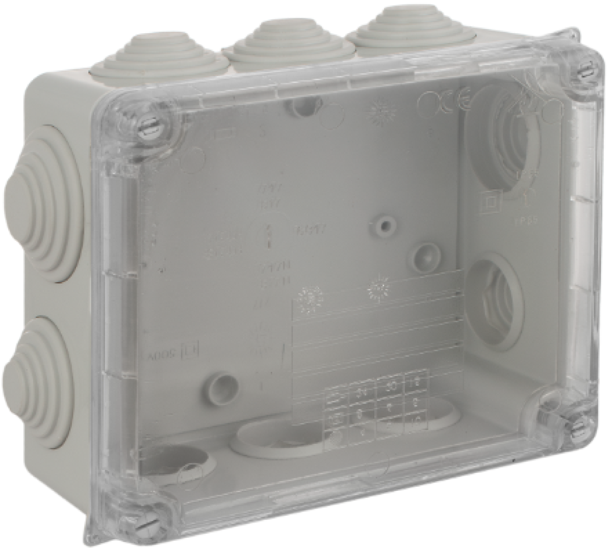 Sealed connection box 160 x 135 x 70 mm with cones. Grey colour and transparent cover.