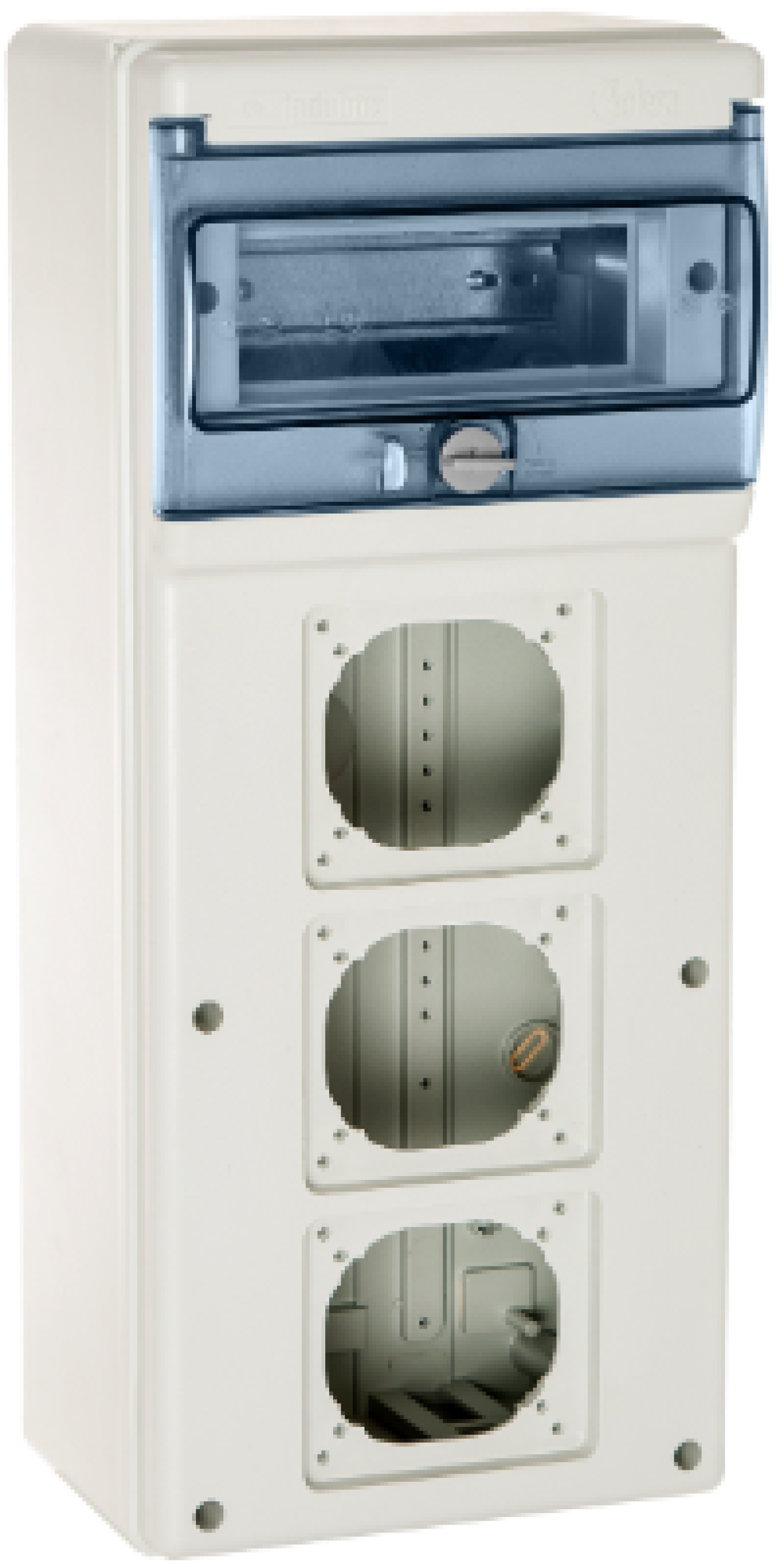 Industrial distribution box of 8 modules. Cover with 3 openings for industrial flush sockets.