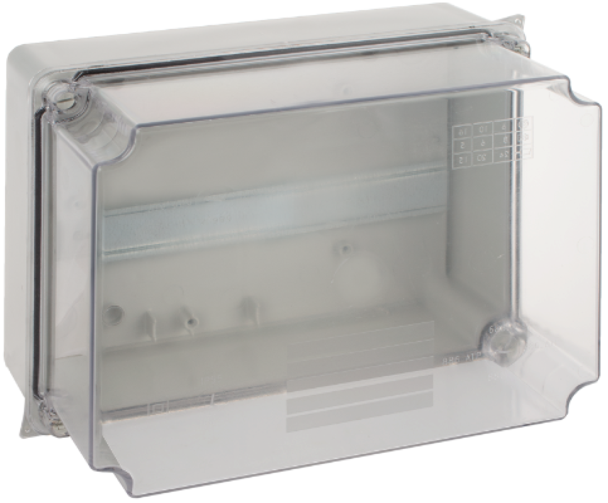Watertight connection box 220 x 170 x 140 mm without cones. Grey colour with clear lid and DIN rail.