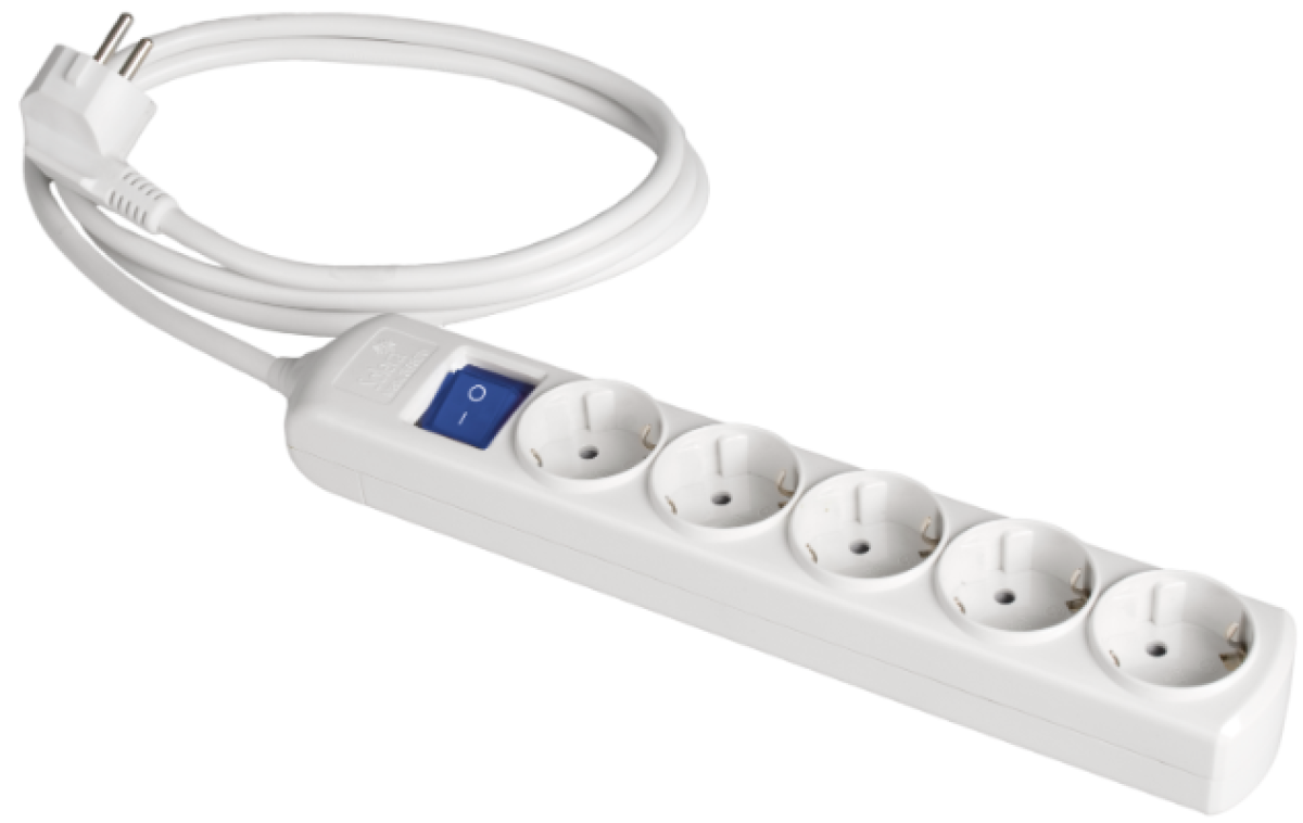 Cabo de extensão com 5 bases 2P + T, 16A 250V ~. Com interruptor de luz. Cabo de 2 m