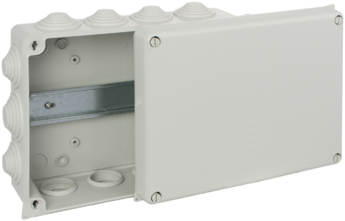 Sealed connection box 220 x 170 x 80 mm with cones. Grey colour. With DIN rail.
