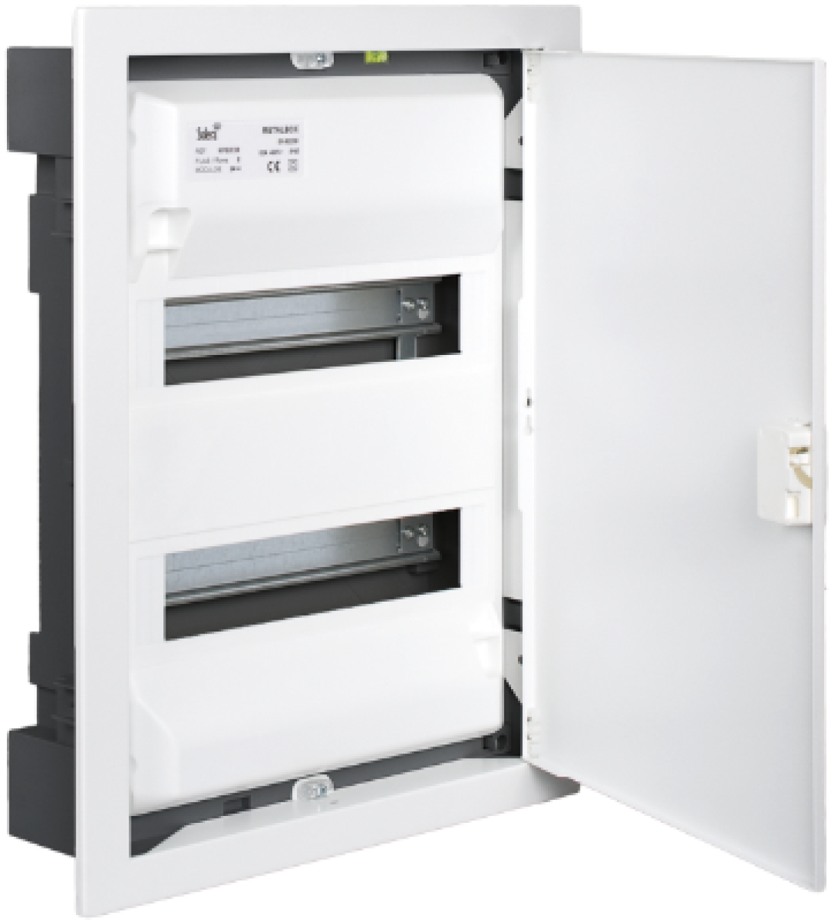 Flush distribution box of 28 modules. With metallic frame and door, white colour.