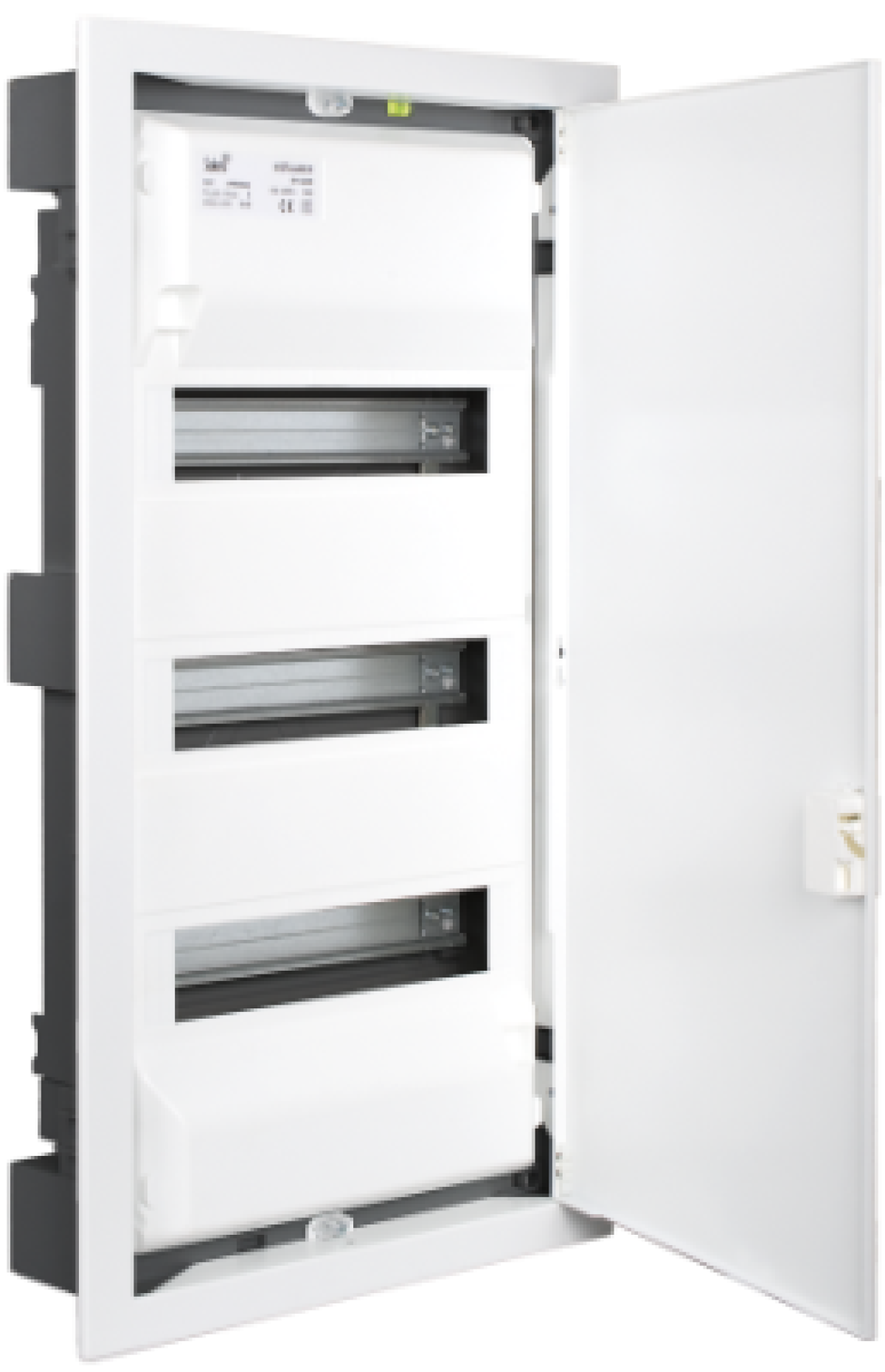 Flush distribution box of 42 modules. With metallic frame and door, white colour.